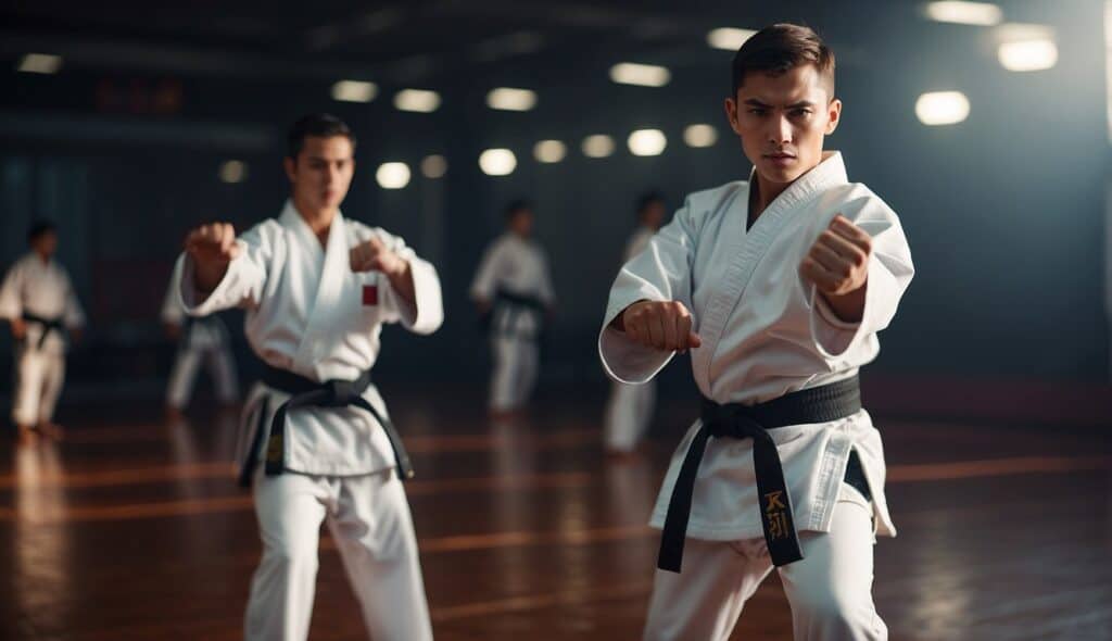 A karate practitioner visualizes success, focusing on mental strength and psychological aspects of training