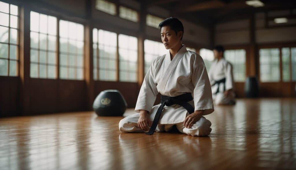 A martial arts dojo with a serene atmosphere, featuring traditional karate attire and equipment, symbolizing discipline and mental strength